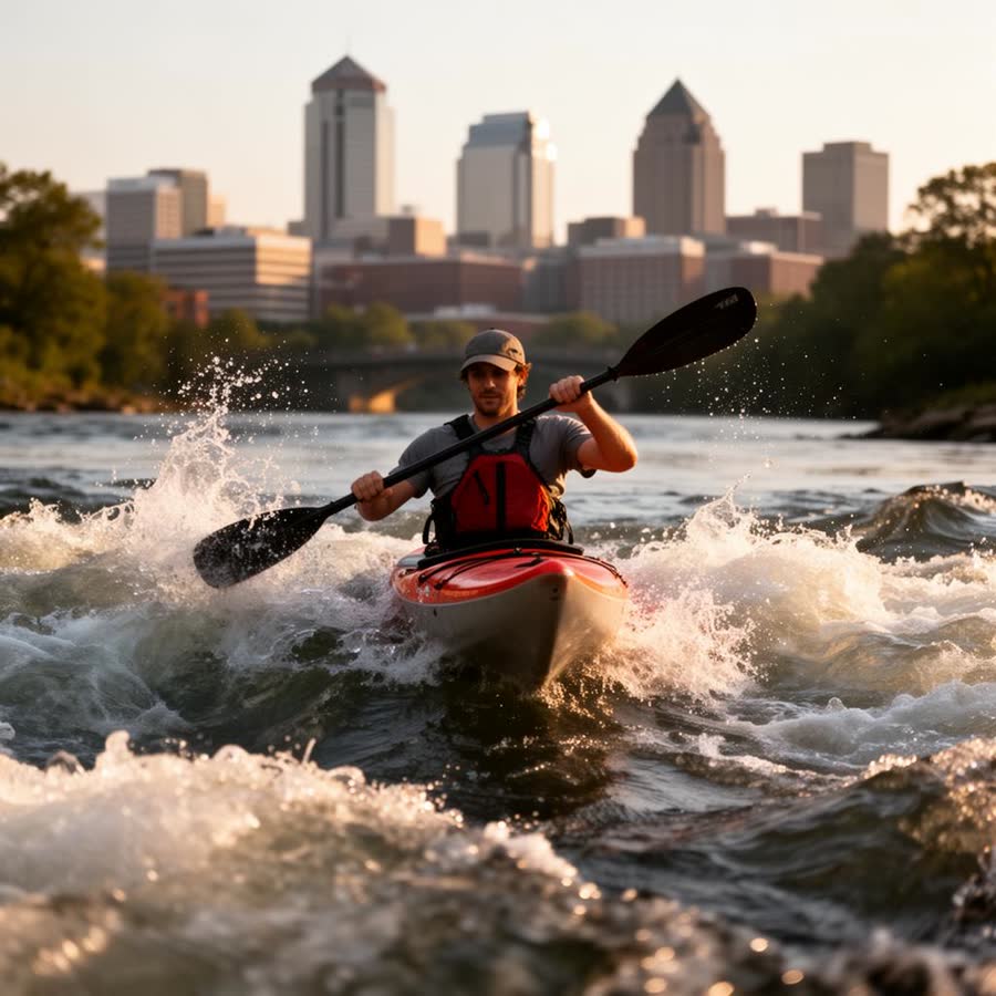 Kayaker paddling whitewater on the James River with Richmond skyline