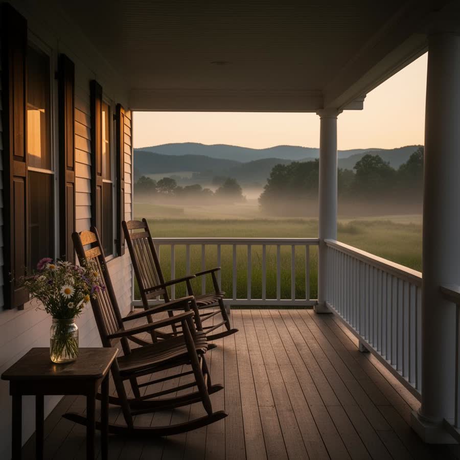 Wraparound porch on a Virginia farmhouse at dusk overlooking misty meadows